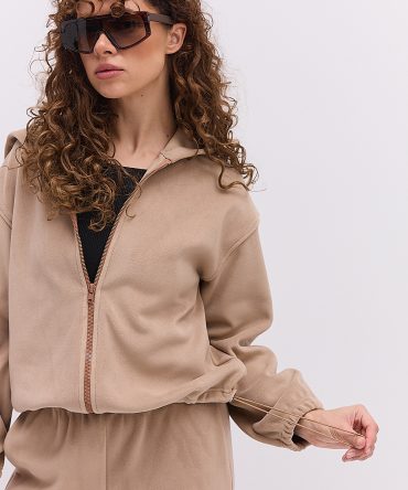 Жіночий спортивний костюм з флісу темно-бежевий з зіп-худі і прямими штанами