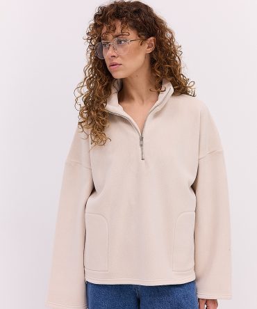 Жіночий флісовий світшот світло-бежевий з коміром на блискавці