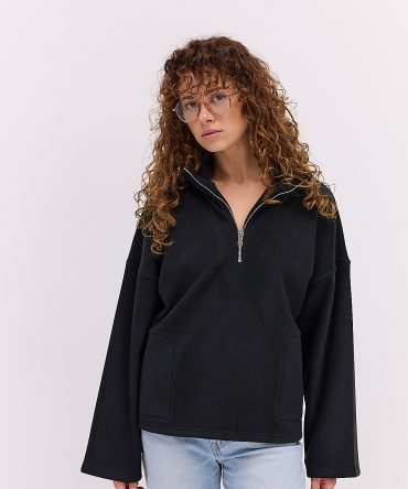 Жіночий флісовий світшот чорний з коміром на блискавці