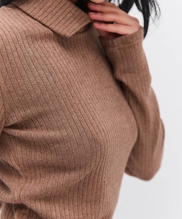 Жіночий теплий лонгслів в рубчик коричневий зі стояче-відкладним коміром