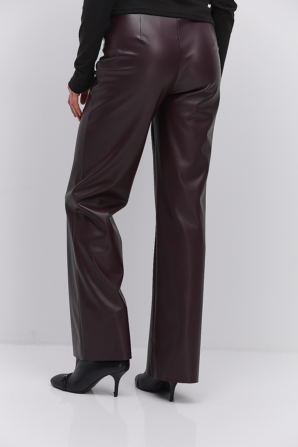 Жіночі шкіряні штани бордові з розрізами внизу