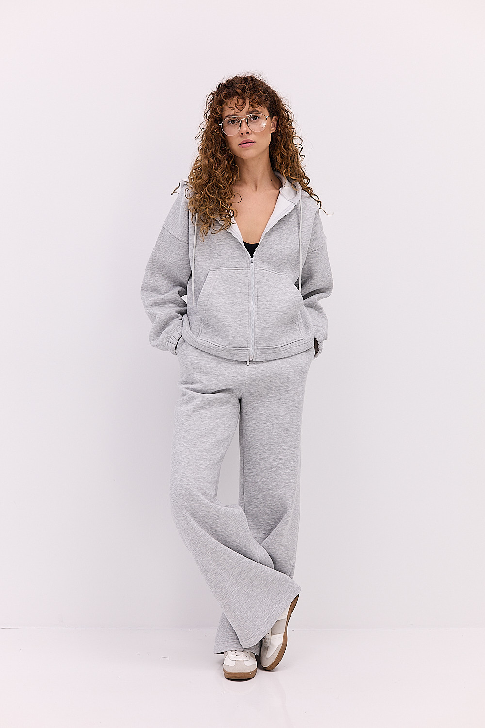 Жіночий спортивний костюм утеплений з зіп-худі сірий меланж
