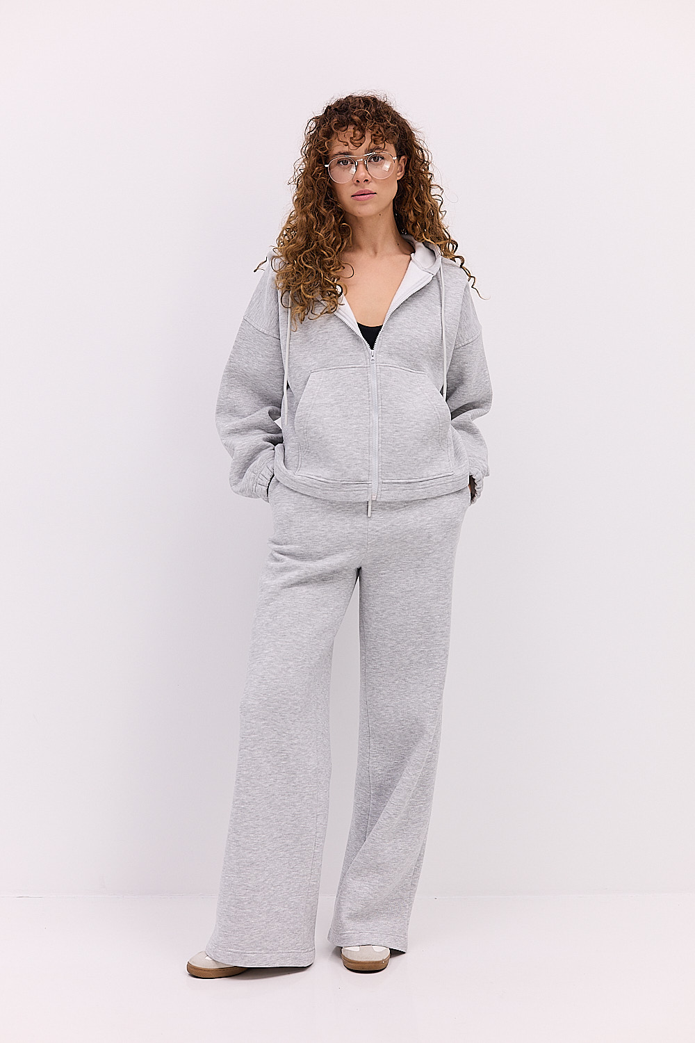 Жіночий спортивний костюм утеплений з зіп-худі сірий меланж