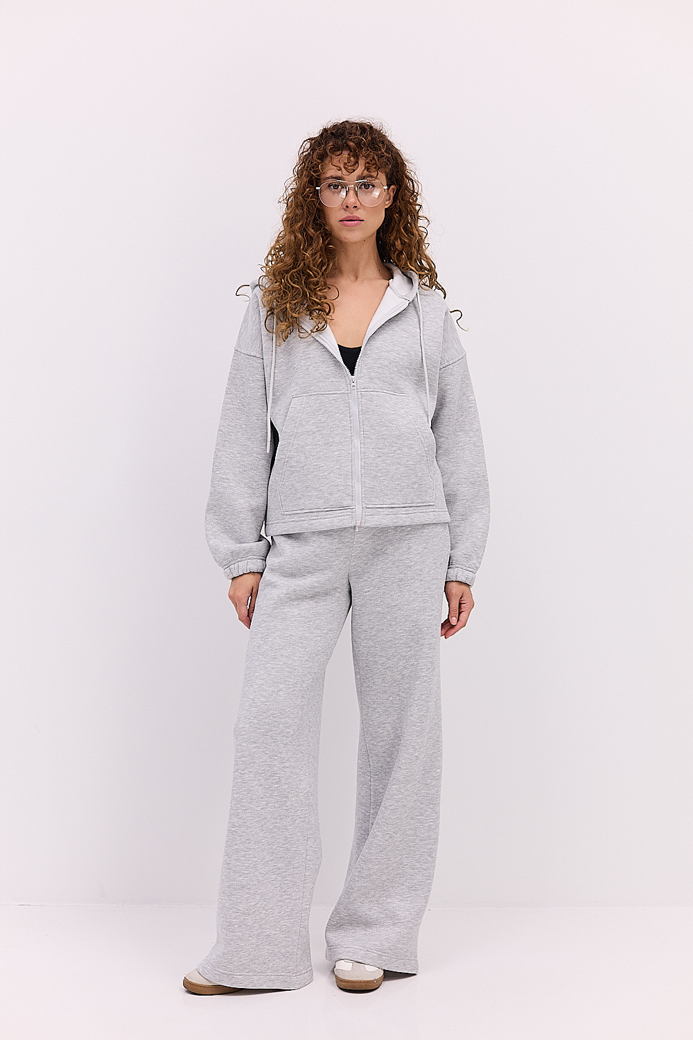 Жіночий спортивний костюм утеплений з зіп-худі сірий меланж