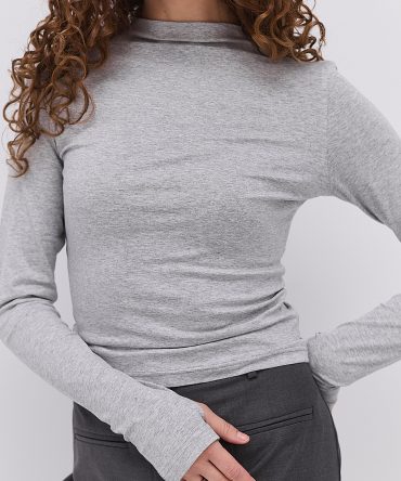 Жіночий лонгслів сірий меланж з вирізом для пальця на рукавах