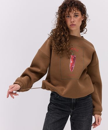 Жіночий утеплений світшот коричневий з принтом CHILI