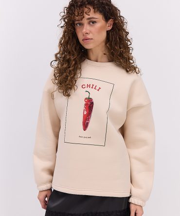 Жіночий утеплений світшот світло-бежевий з принтом CHILI