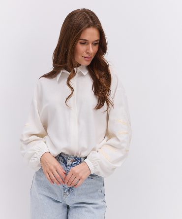 Жіноча сорочка-вишиванка молочна з золотистими колосками гладдю