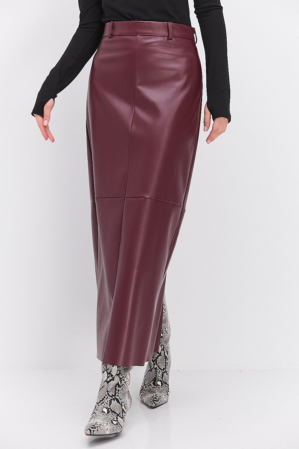 Довга спідниця-олівець з екошкіри бордового кольору