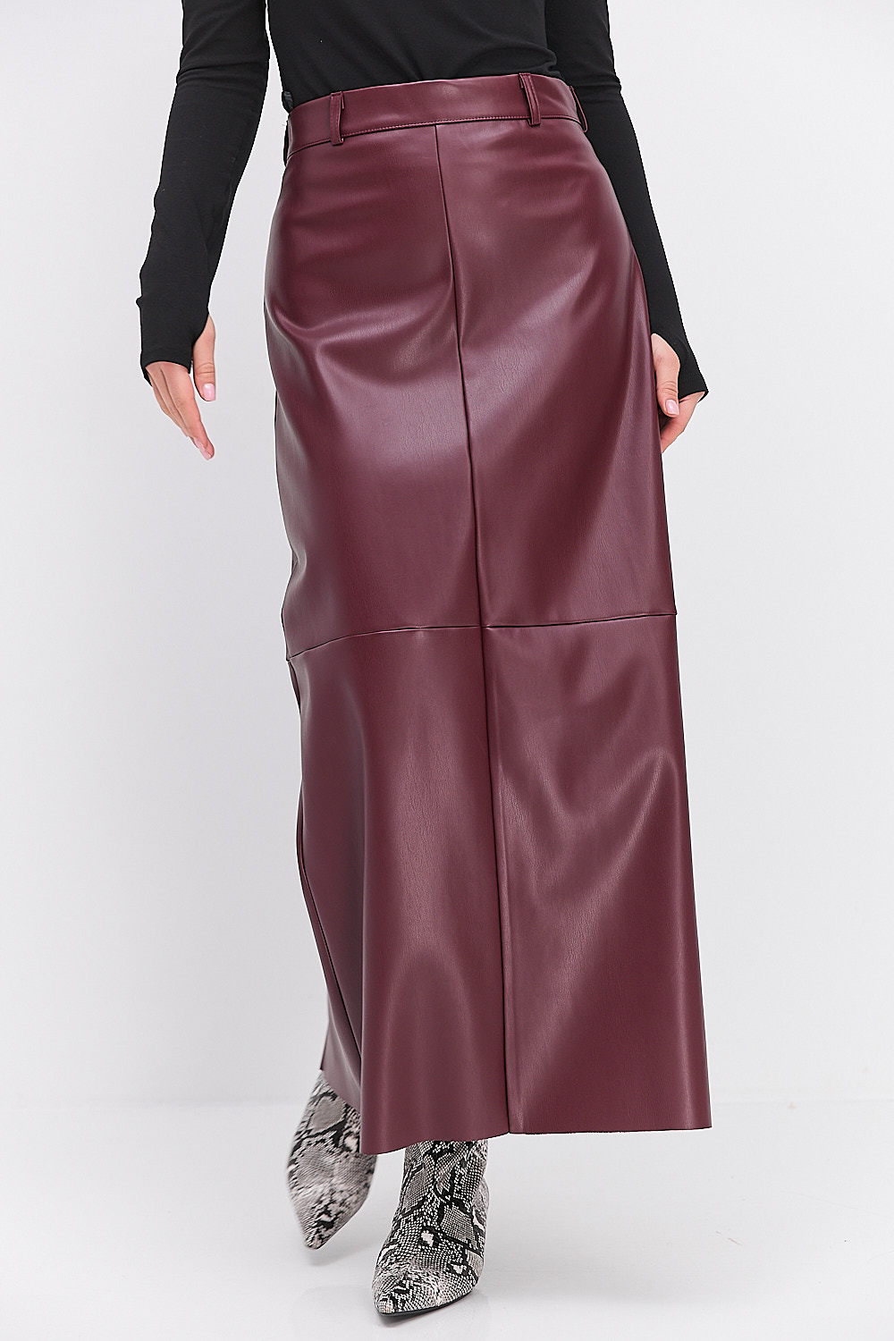 Довга спідниця-олівець з екошкіри бордового кольору