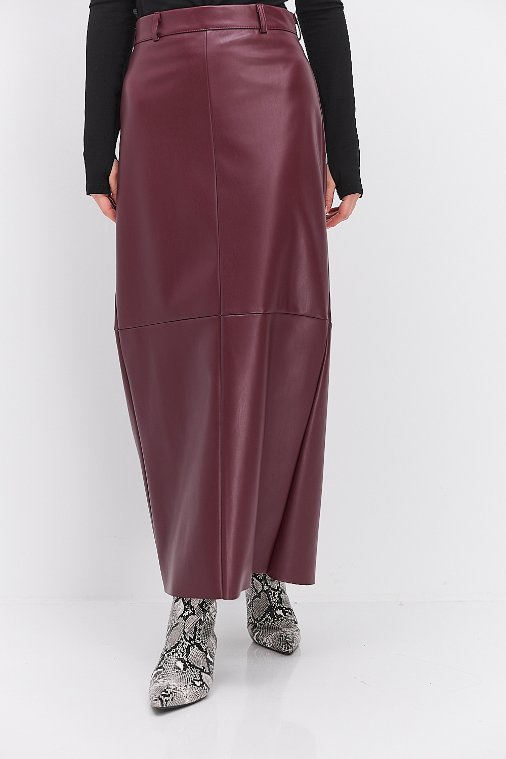 Довга спідниця-олівець з екошкіри бордового кольору