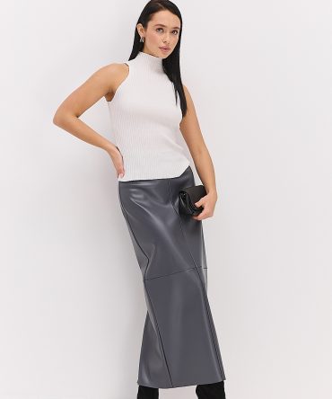 Довга спідниця-олівець з екошкіри сірого кольору
