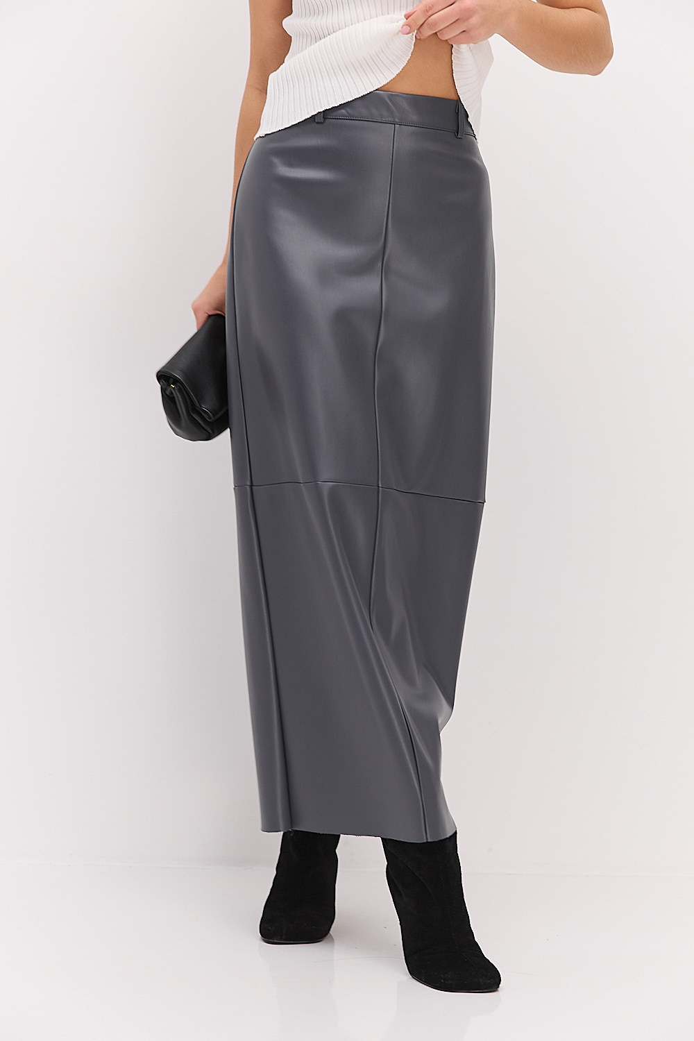 Довга спідниця-олівець з екошкіри сірого кольору