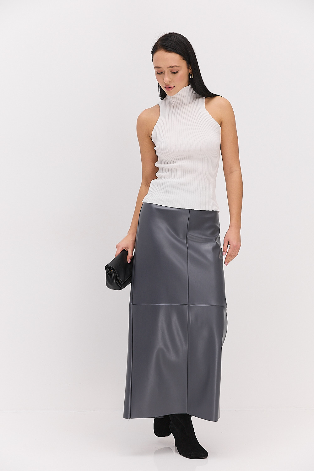 Довга спідниця-олівець з екошкіри сірого кольору
