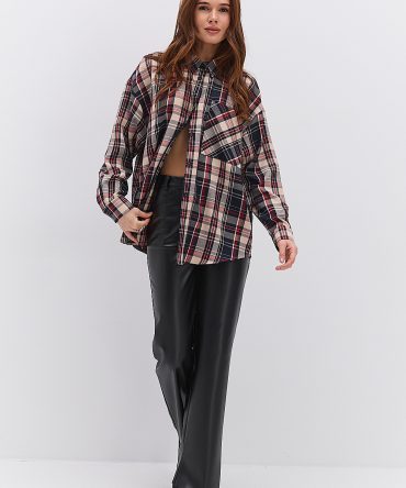 Жіноча картата сорочка бежева з кишенею на грудях