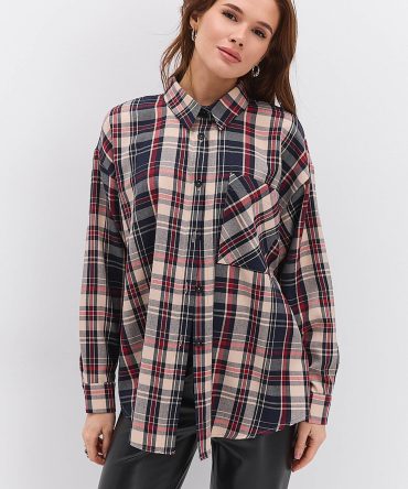 Жіноча картата сорочка бежева з кишенею на грудях