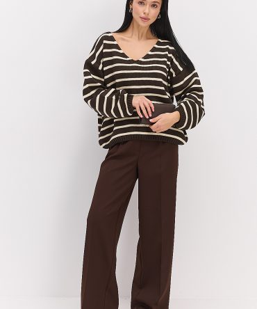 Жіночий в`язаний пуловер oversize темно-шоколадний в молочну смужку