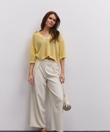 Жіноча oversize футболка поло лимонна з машинної в`язки в сіточку