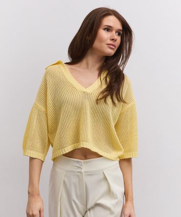 Жіноча oversize футболка поло лимонна з машинної в`язки в сіточку