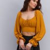 Укорочена літня блуза з відкритими плечима гірчична